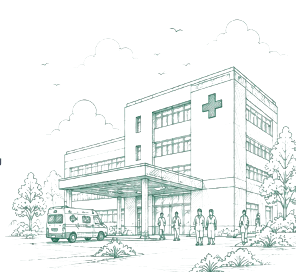 Architectural sketch of modern Gujarat hospital complex with ambulance